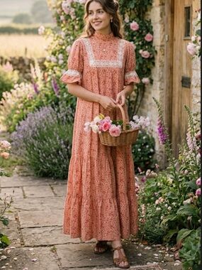 RARE Early 1970s Laura Ashley Maxi Dress |PEACH Floral Lace Yoke High Neck US 12